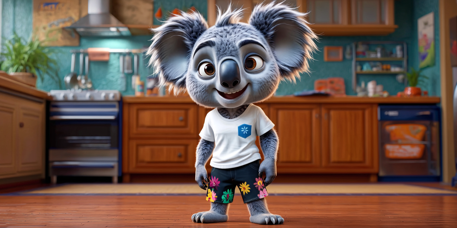 Cartoon koala wearing a white t-shirt and floral shorts stands in a kitchen.
