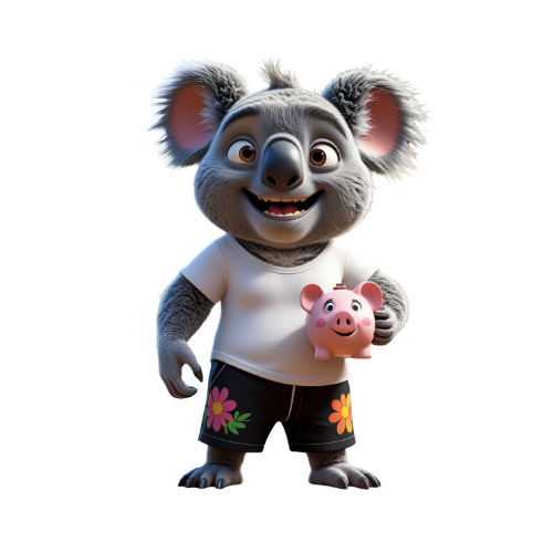 A cartoon koala bear is holding a pink piggy bank.