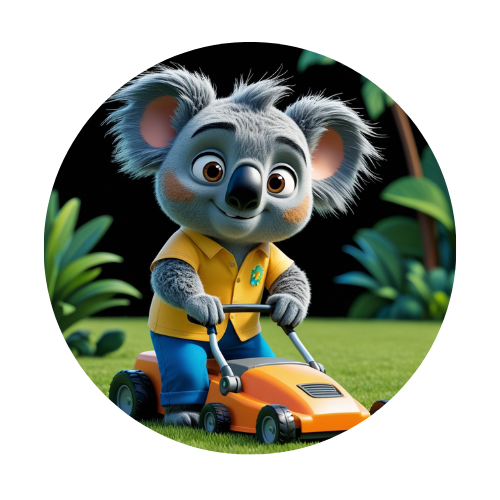 Ozzy the Koala is riding a lawn mower in a circle.