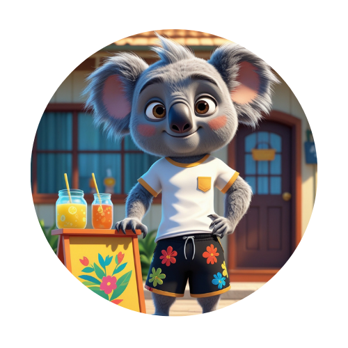 A cartoon koala bear is standing in front of a house.