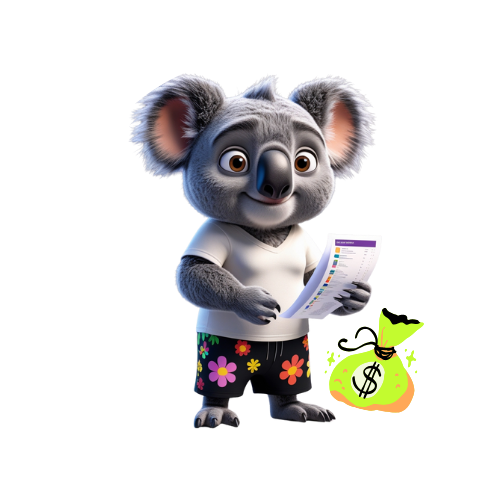 A koala bear is holding a piece of paper next to a bag of money.
