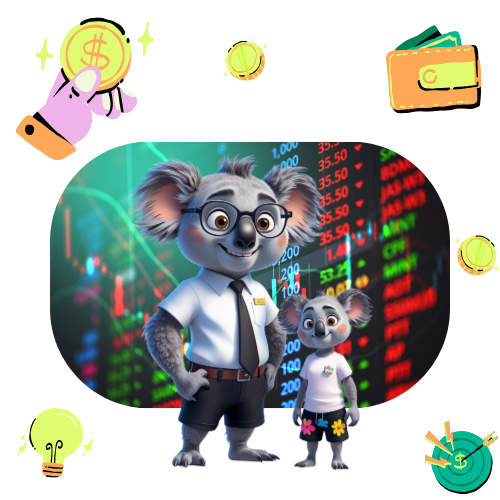 Two koalas are standing in front of a stock chart.