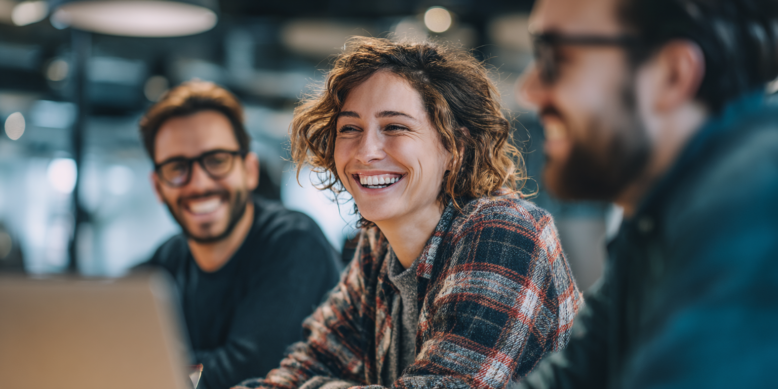Three people smiling, one in a plaid shirt. They appear to be in a meeting, with a laptop in view.