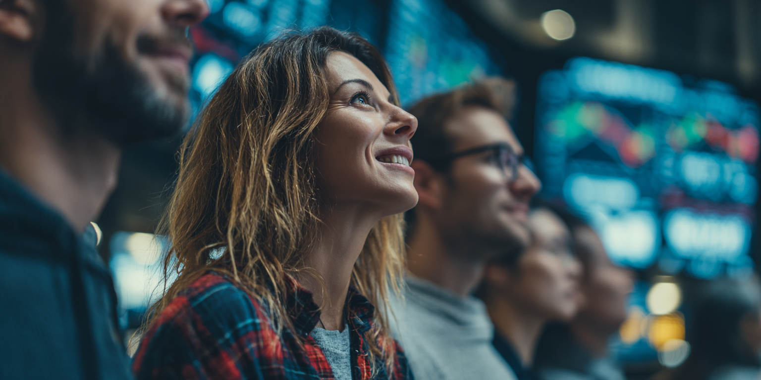 People smiling and looking upwards in front of screens displaying colorful graphs in a dark setting.