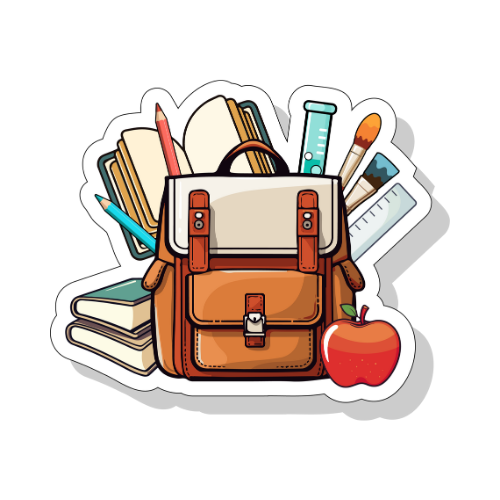 A cartoon illustration of a school bag filled with school supplies and an apple.