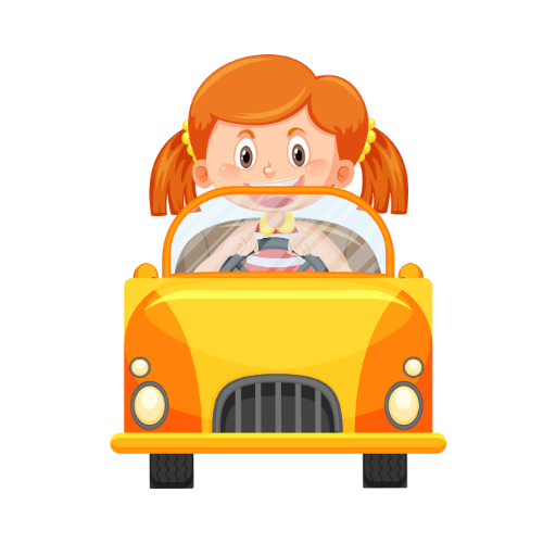 A little girl is driving a yellow car on a white background.