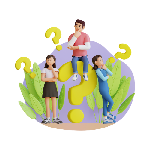 A man and two women are standing on top of a large question mark.