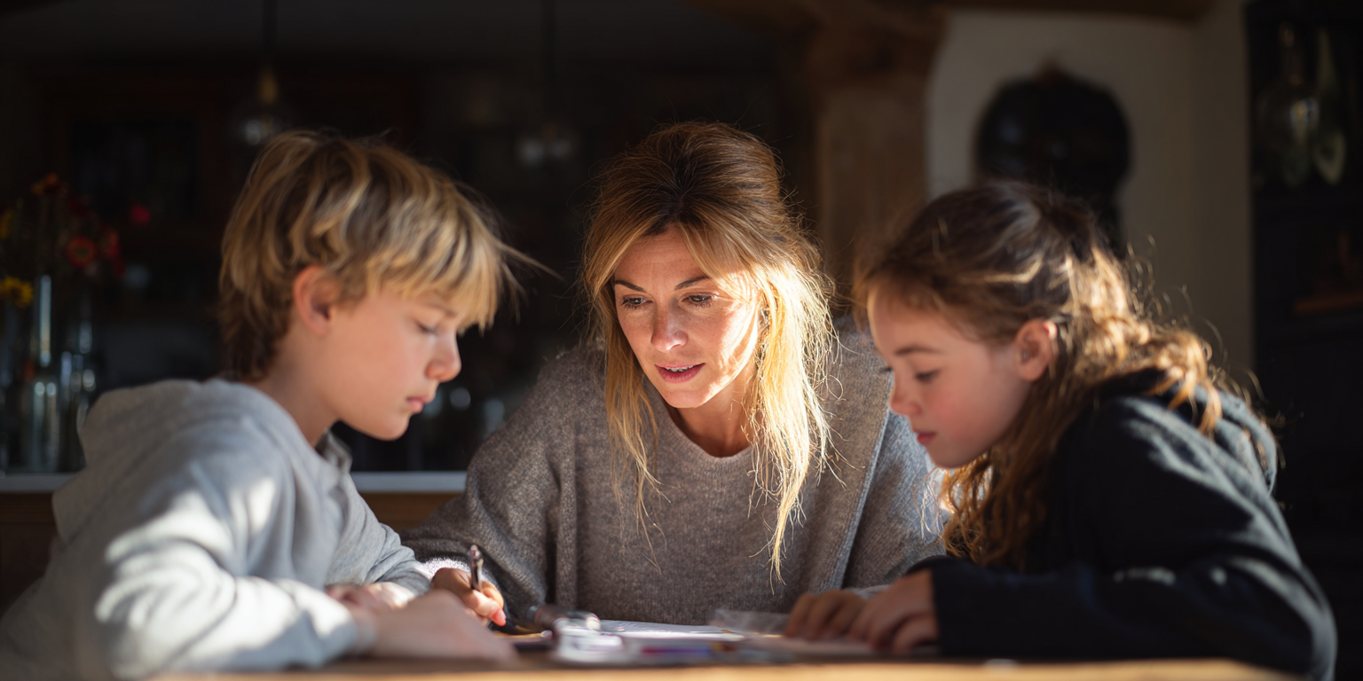 Woman and two children focused on paperwork at a table, lit by sunlight.