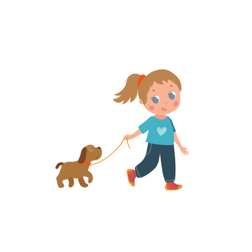 A little girl is walking a dog on a leash.
