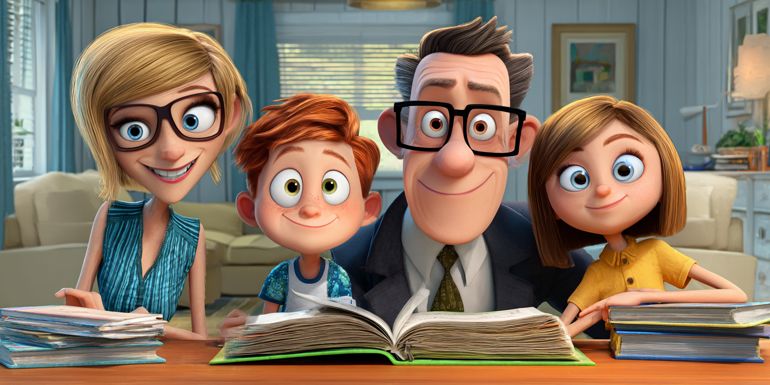 Animated family smiling, gathered around an open book.