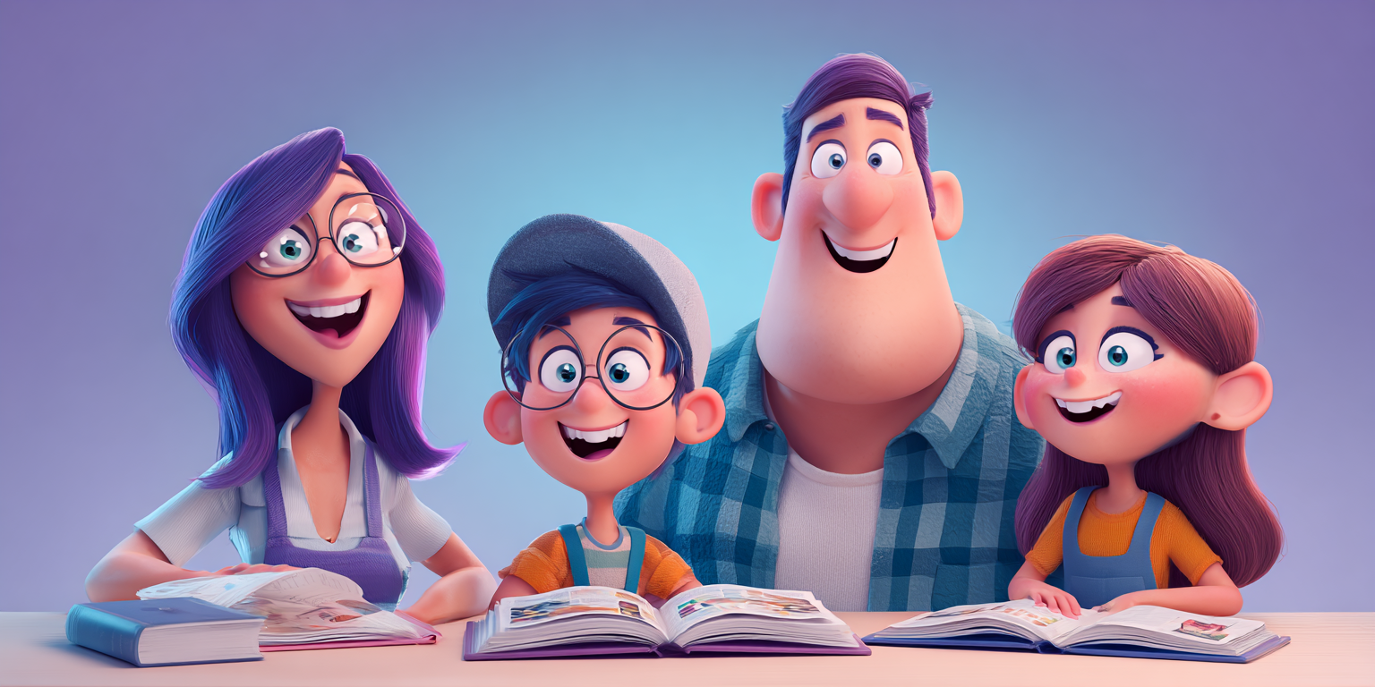 Family of four smiling and looking at an open book, with soft lighting.