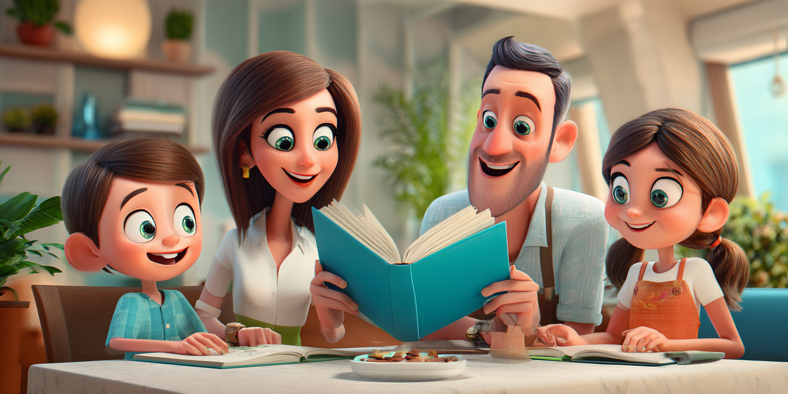 A family of four reads a book together at a table. They are smiling, indoors.
