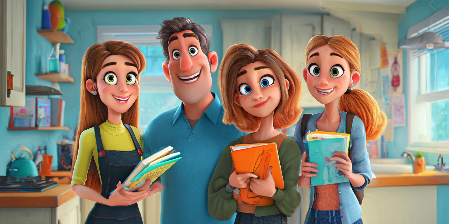 Family of four in a kitchen, smiling and holding books, with a bright and cheerful atmosphere.
