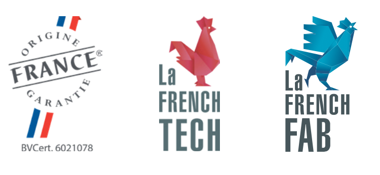 Logos de certification français : France Garantie, La French Tech et La French Fab en bleu, blanc et rouge.