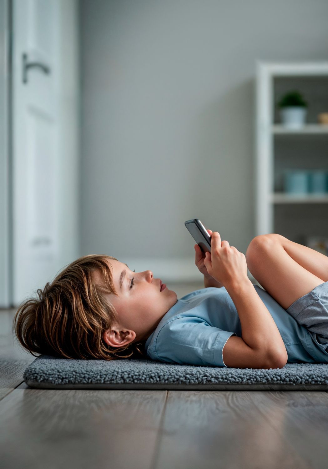 Une personne allongée sur un tapis, utilisant un smartphone dans un salon lumineux.