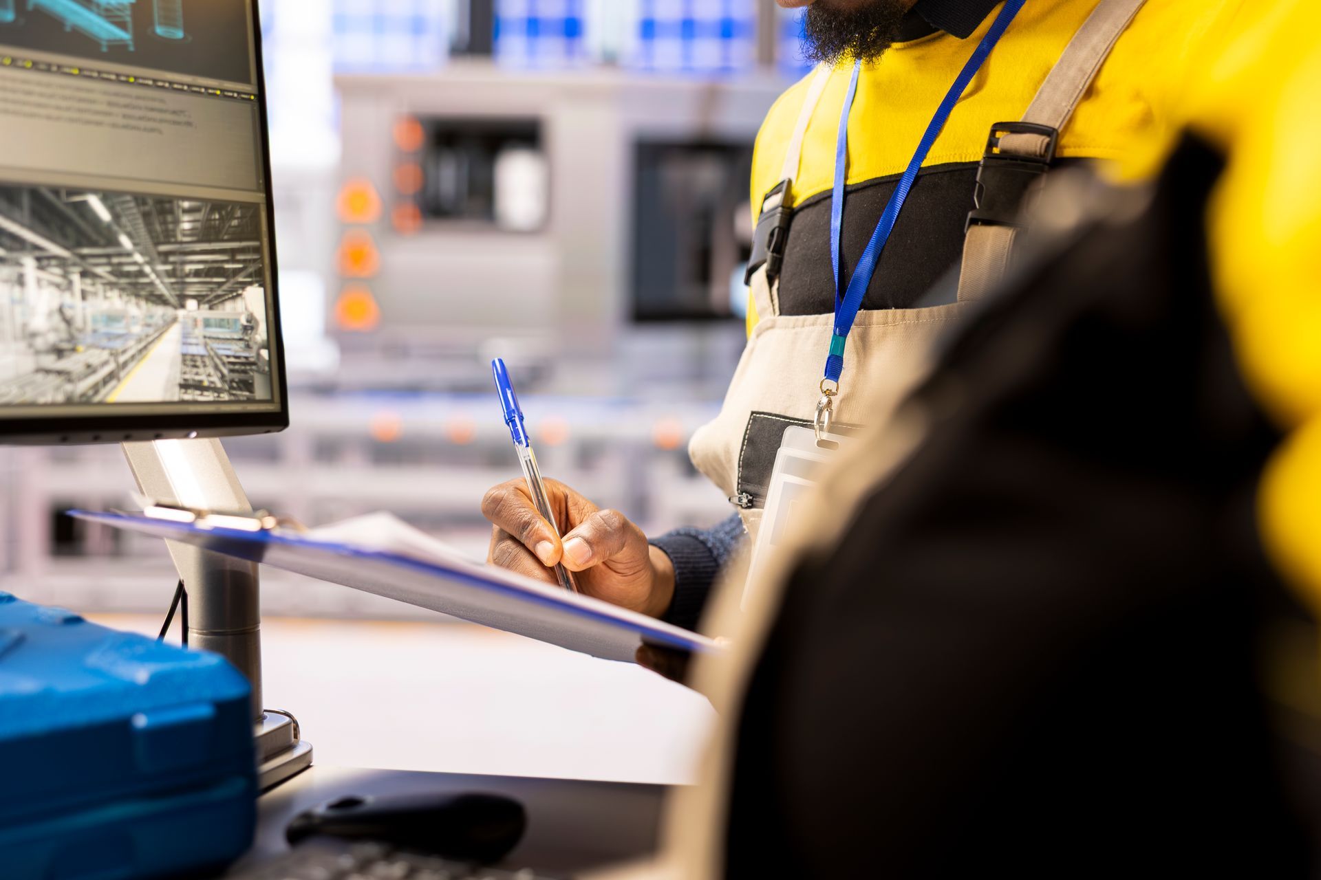 Un technicien prend des notes à côté d'un écran d'ordinateur dans un espace de travail industriel.