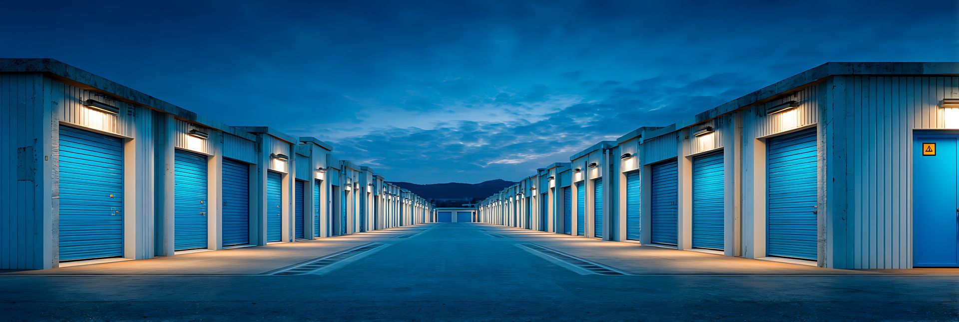 Twilight view of exterior storage units with blue doors and mountain backdrop, no hallway access