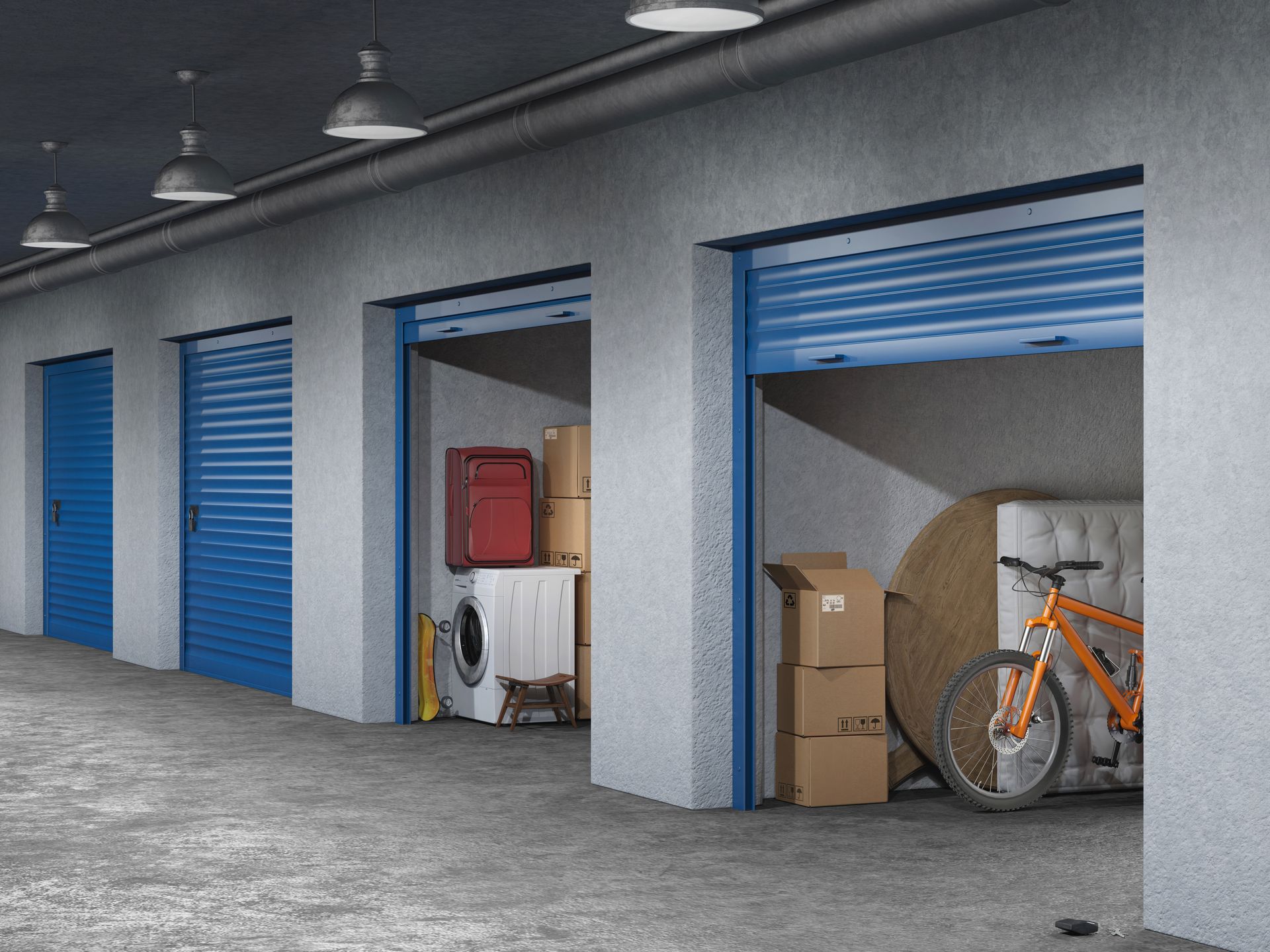 Storage units with blue doors, one open and filled with packed boxes, a washing machine, and a bicycle.