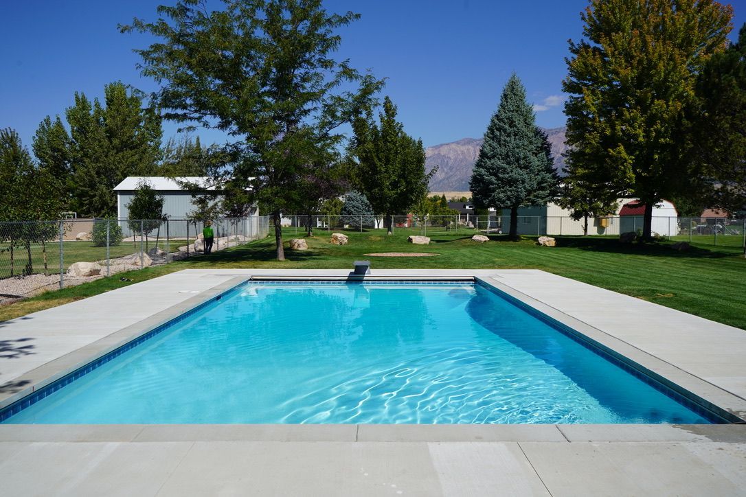 Rectangular swimming pool with blue water, surrounded by concrete and green grass. Trees in background.