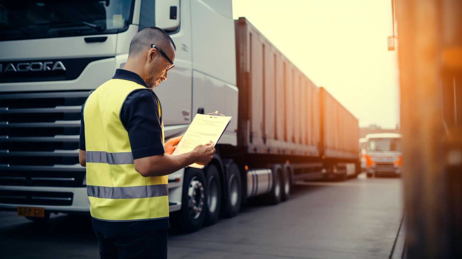 A man in a yellow vest is looking at a clipboard in front of a truck.