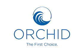 A blue logo for orchid the first choice with a wave in the middle.