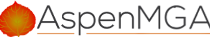 A logo for aspen mga with an orange leaf in the middle