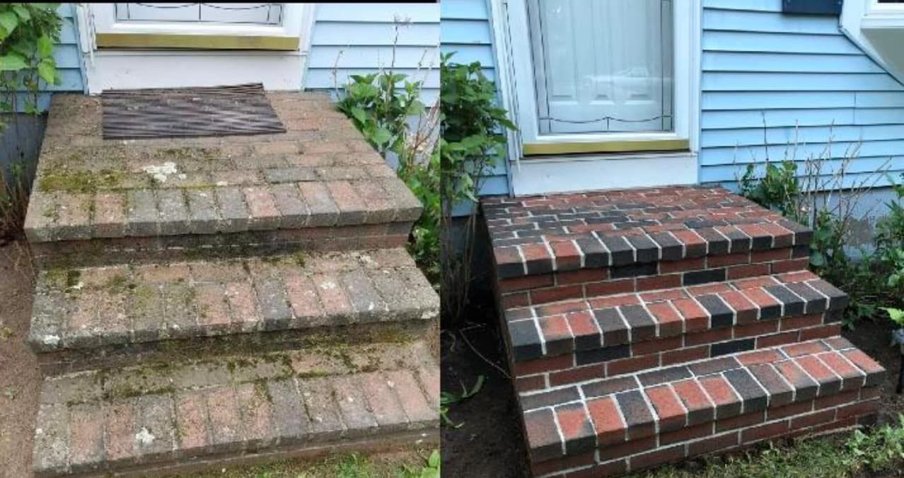 A before and after photo of a brick porch.