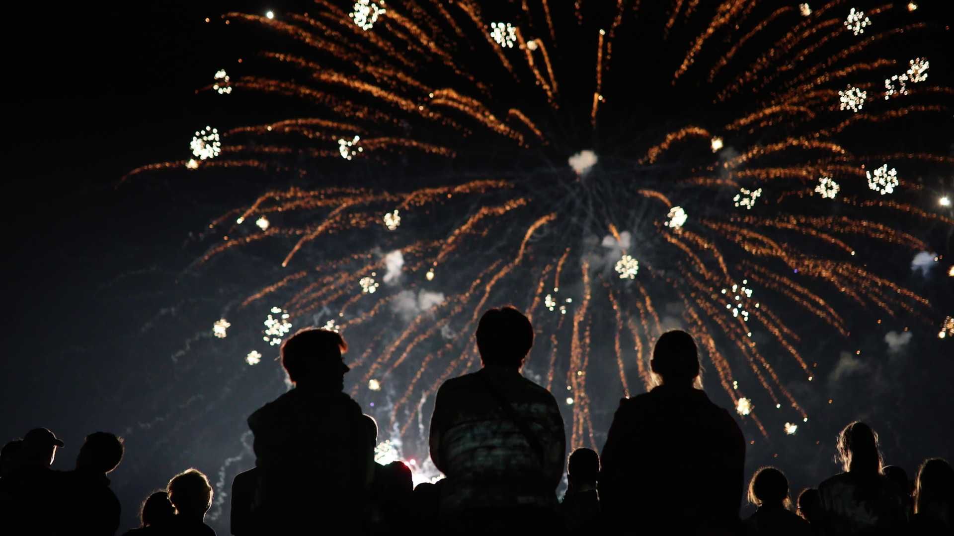 A group of people are watching fireworks in the night sky.