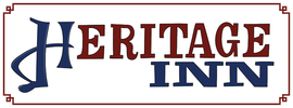 The logo for the heritage inn is blue and red.