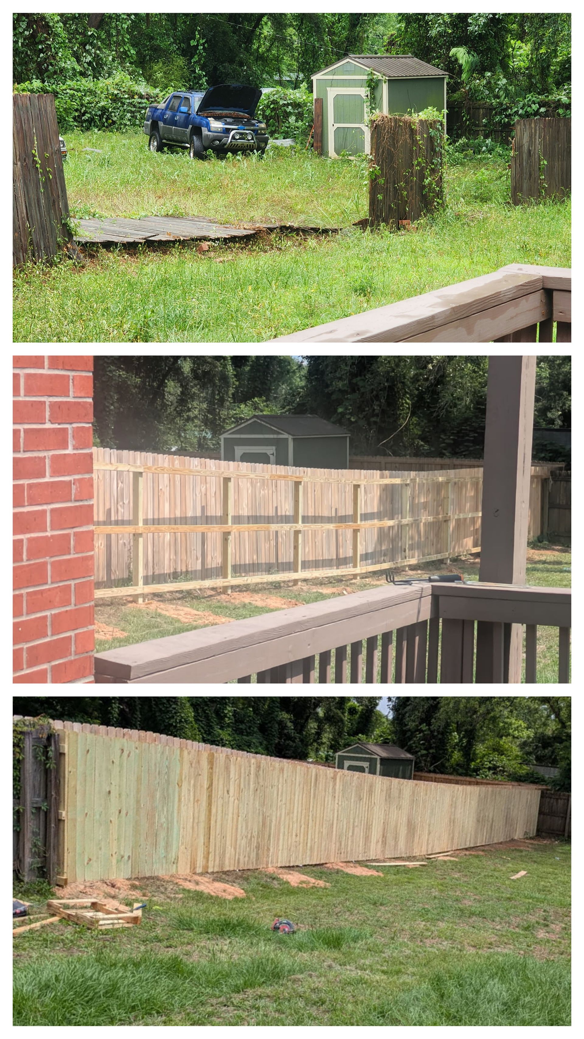 A three-part image showing a backyard before and after the construction of a new wooden privacy fence.