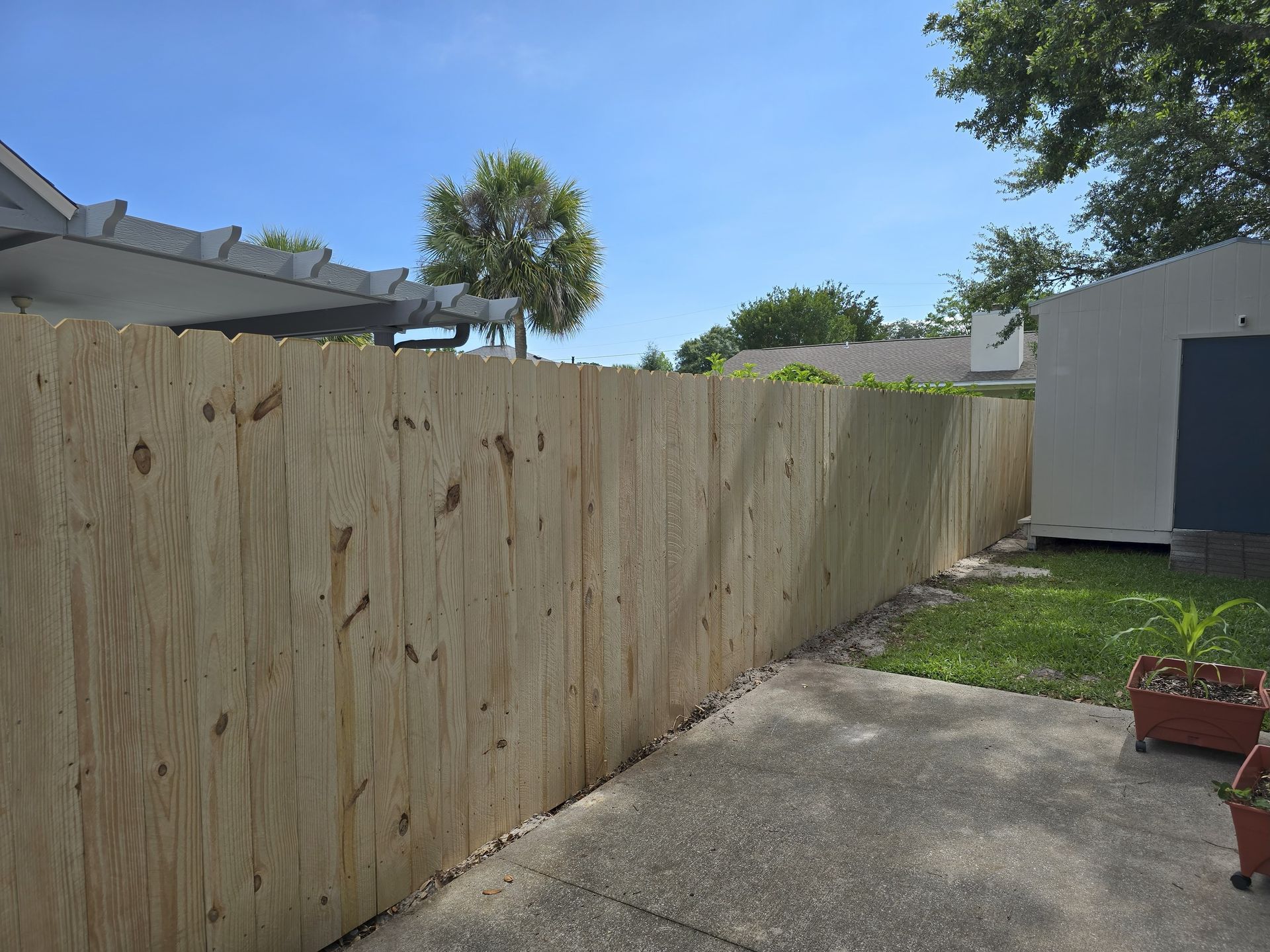 A newly installed wooden fence runs along a concrete patio next to a white shed under a clear blue sky.