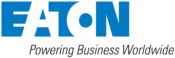 The Eaton logo featuring blue bold text with a circular dot in the middle, followed by the slogan, Powering Business Worldwide.