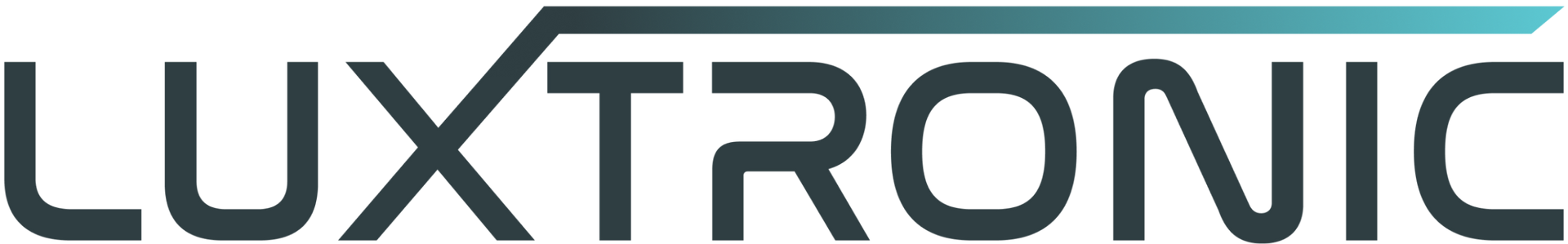 The word LUXTRONIC in a dark grey, modern sans-serif font with a stylized teal horizontal line above the 'X'.