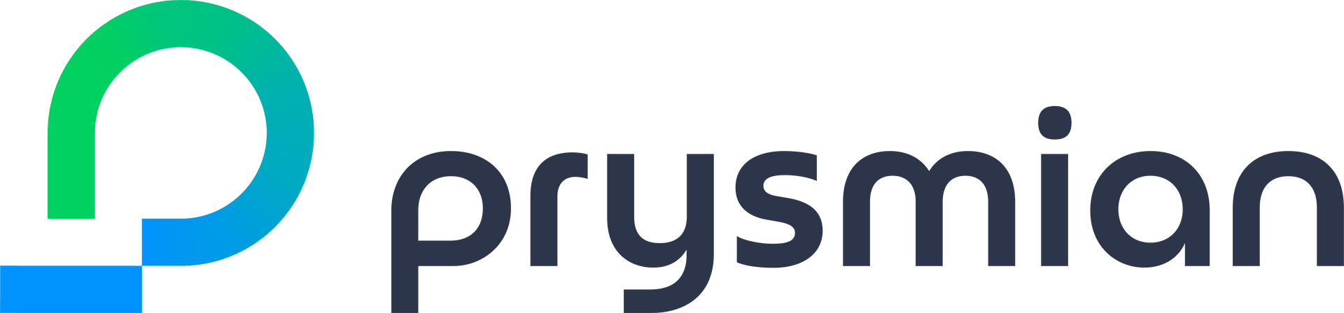 Logo for Prysmian featuring a gradient-colored letter P icon in green and blue next to the word 