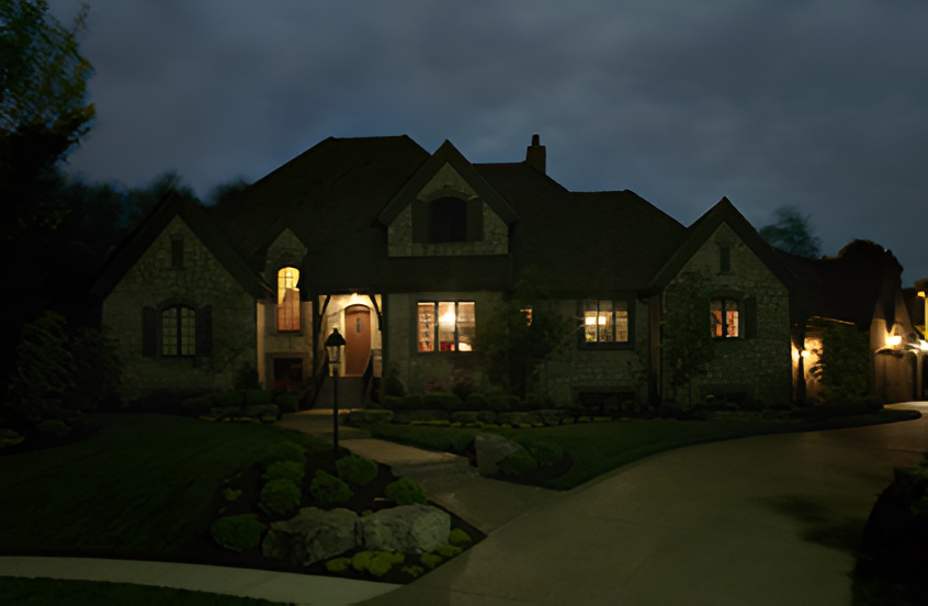 A stone-facade suburban house at twilight with glowing interior lights, a paved driveway, and landscaping in the foreground.