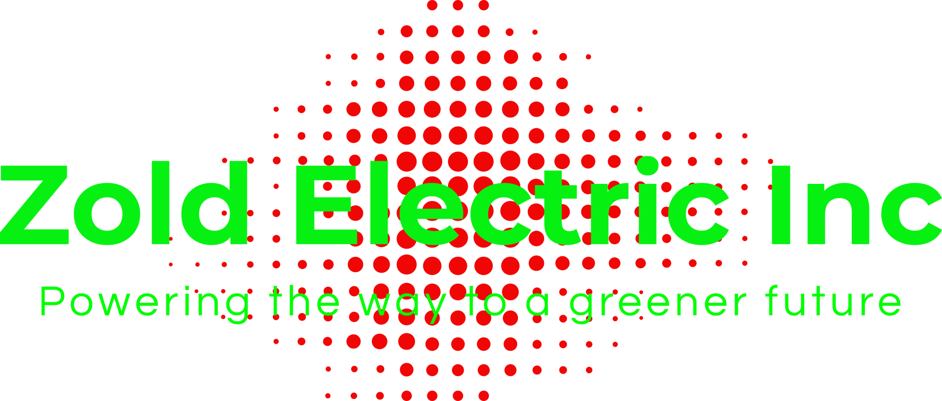 Logo for Zold Electric Inc with green text, a red halftone dot background, and the slogan "Powering the way to a greener future."