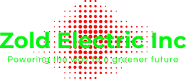 Logo for Zold Electric Inc with green text, a red halftone dot background, and the slogan "Powering the way to a greener future."