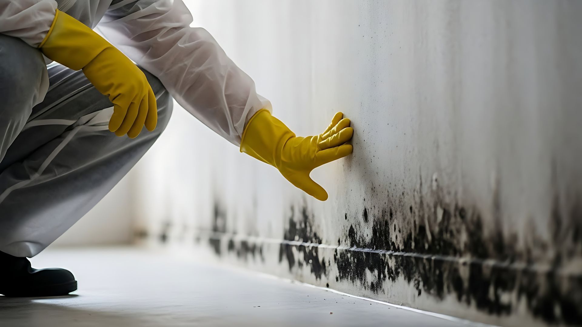 Close-up of the hands of a mold remediation specialist with protective gear touching a moldy wall.