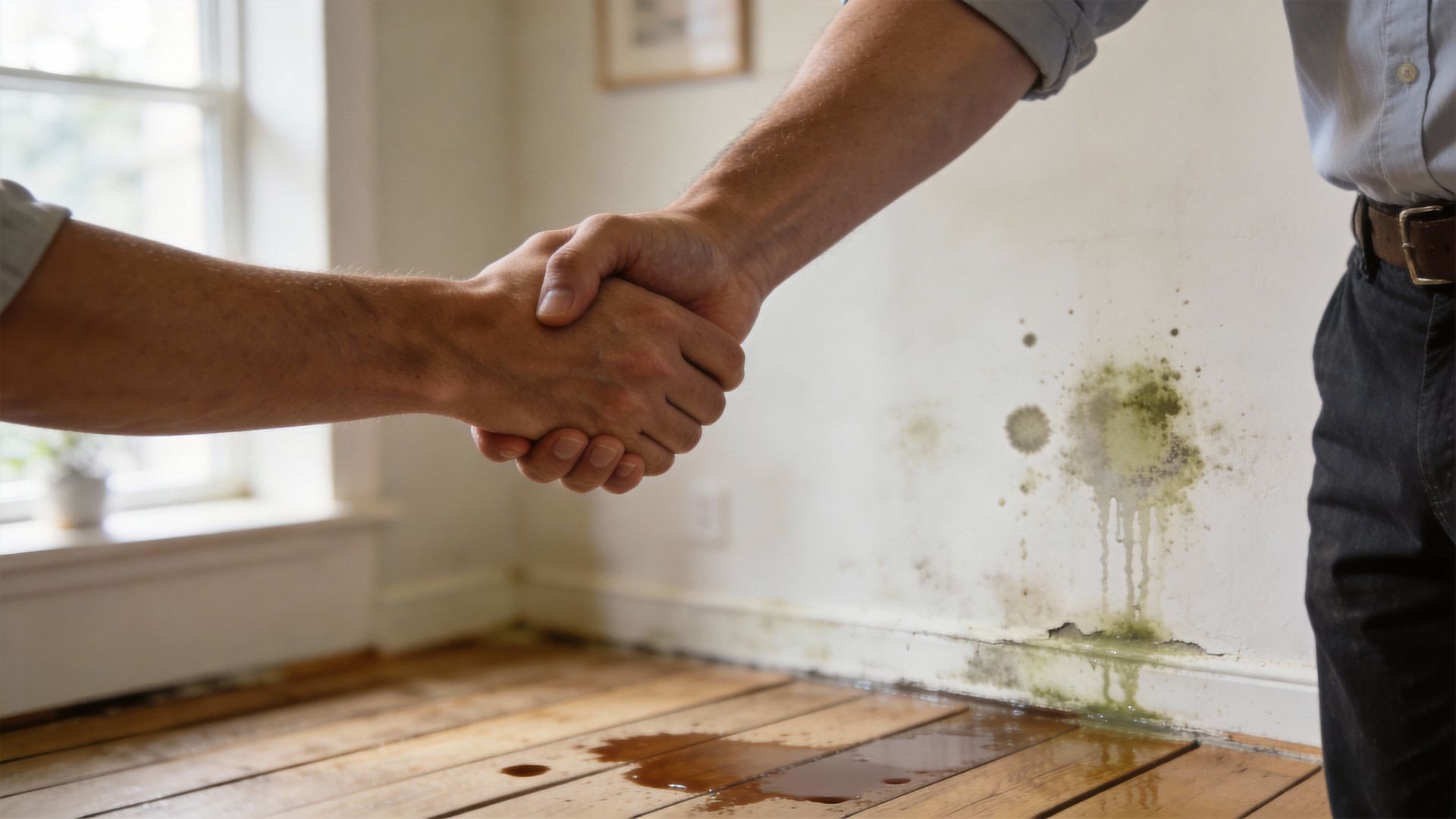 Handshake between homeowner and contractor in a room with water damage and mold.