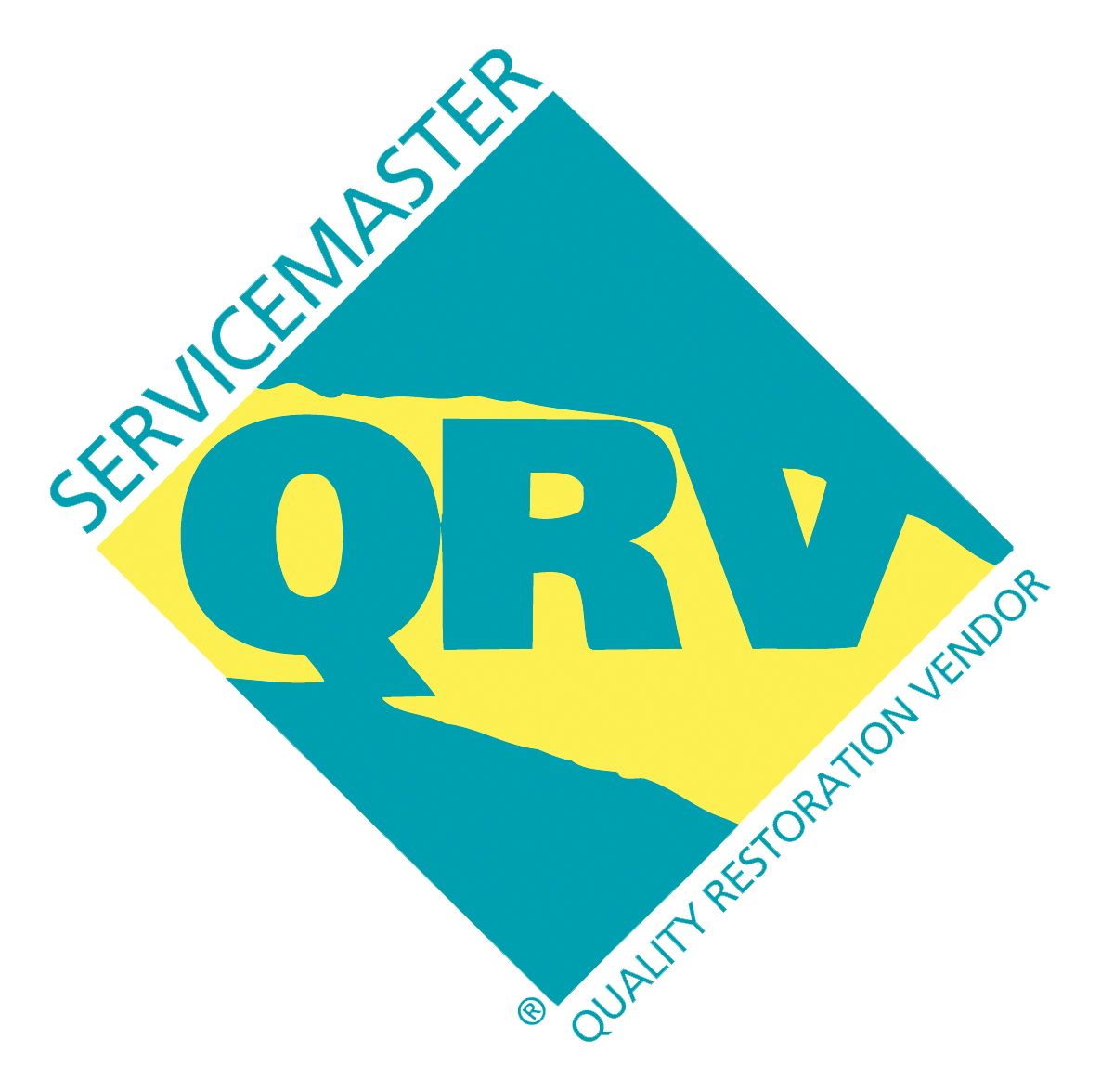 Servicemaster QRV logo in teal and yellow diamond shapes; text reads