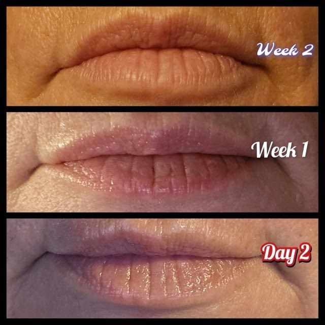 Three pictures of a woman 's lips with the words week 1 and day 2