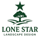 Lone Star Landscape Design logo: dark green star over a tree and rolling hills. Text below.