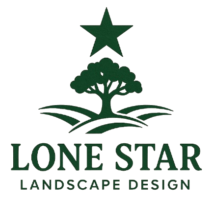 Lone Star Landscape Design logo: dark green star over a tree and rolling hills. Text below.