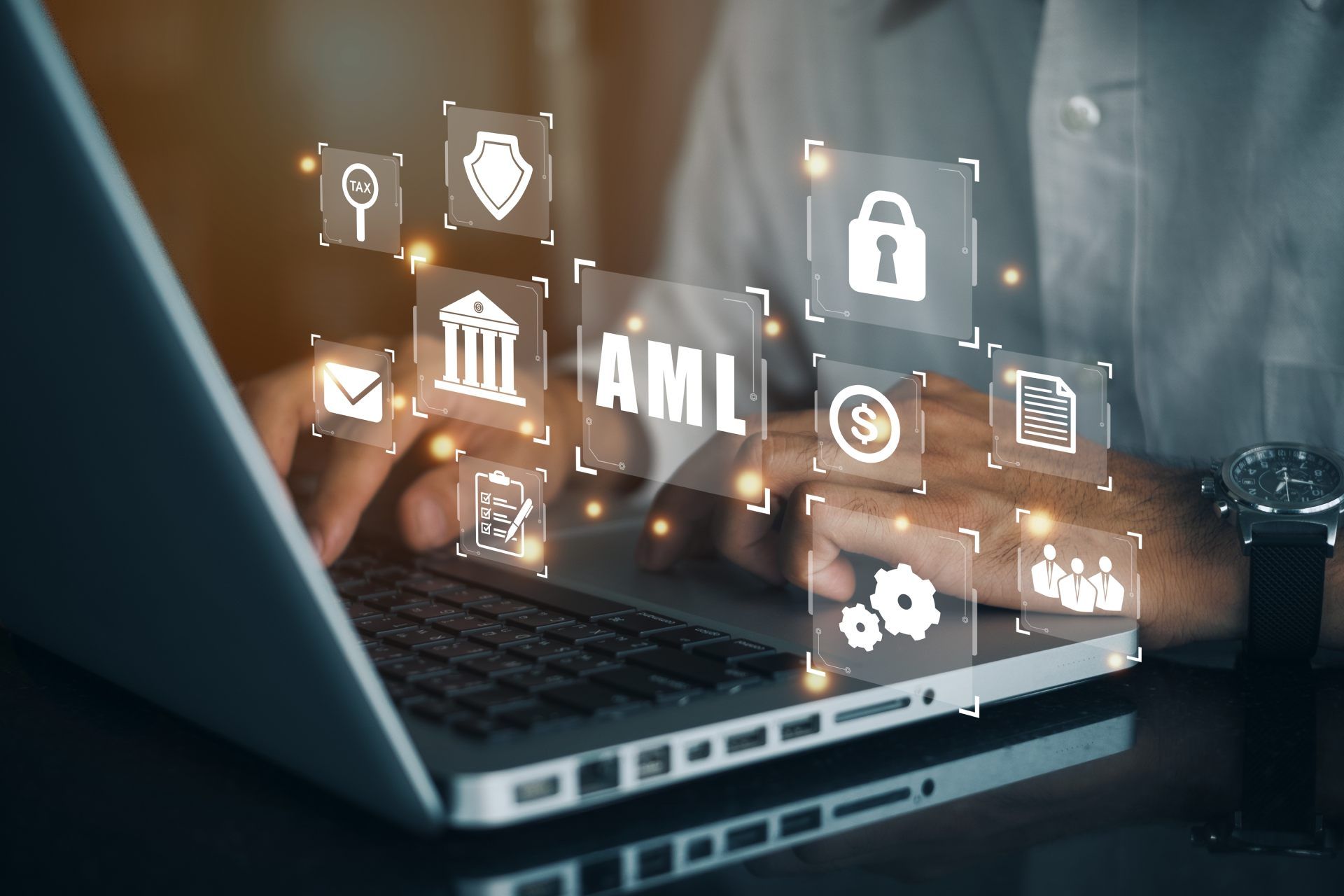 Person typing on a laptop with overlaid digital icons representing banking, security, and anti-money laundering (AML) tools.