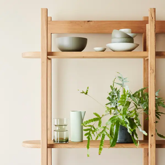 Wooden Shelving Unit Holding Bowls, Small Vase, and Potted Fern — GV painting in Shepparton, VIC