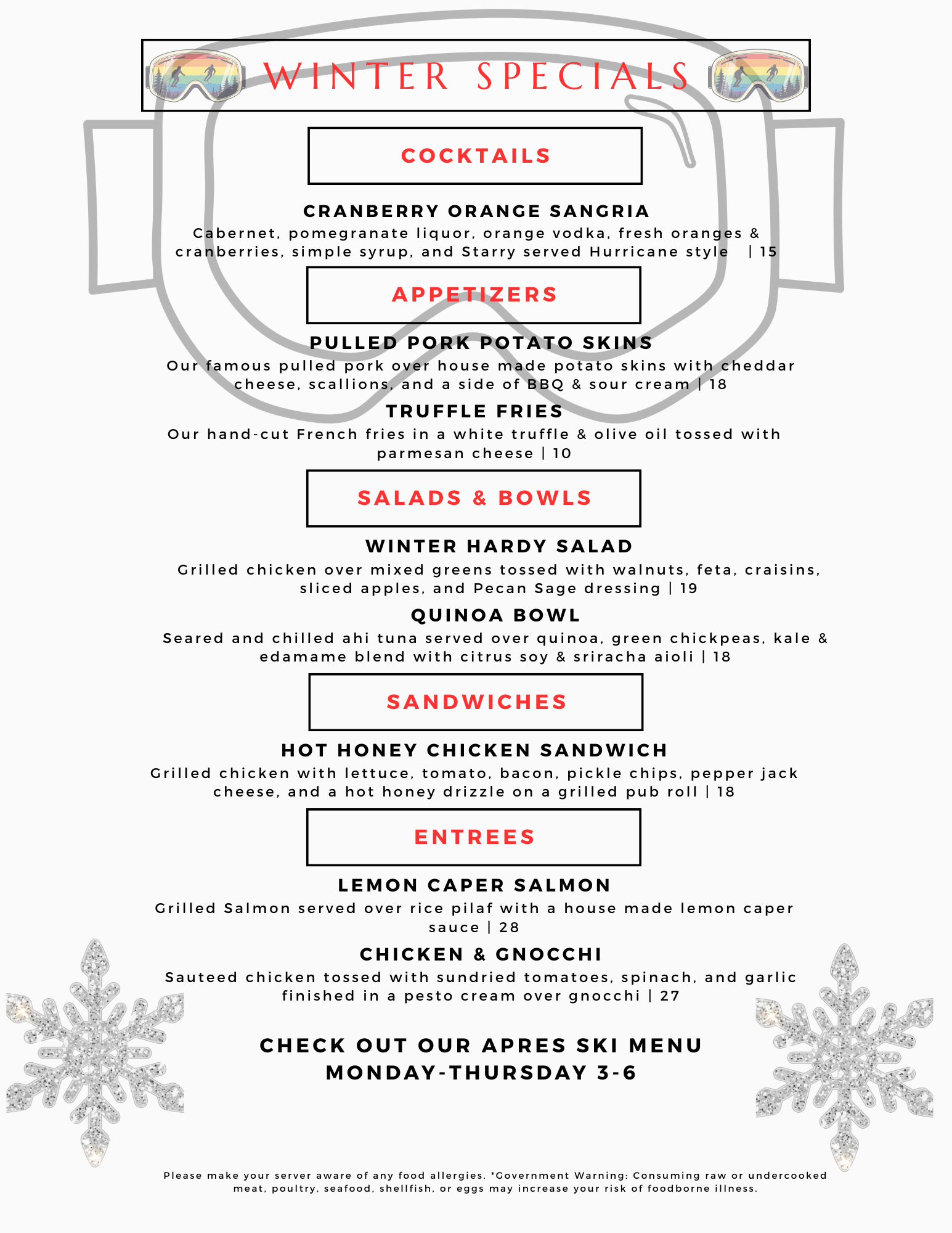 A menu that says sneak peek to specials