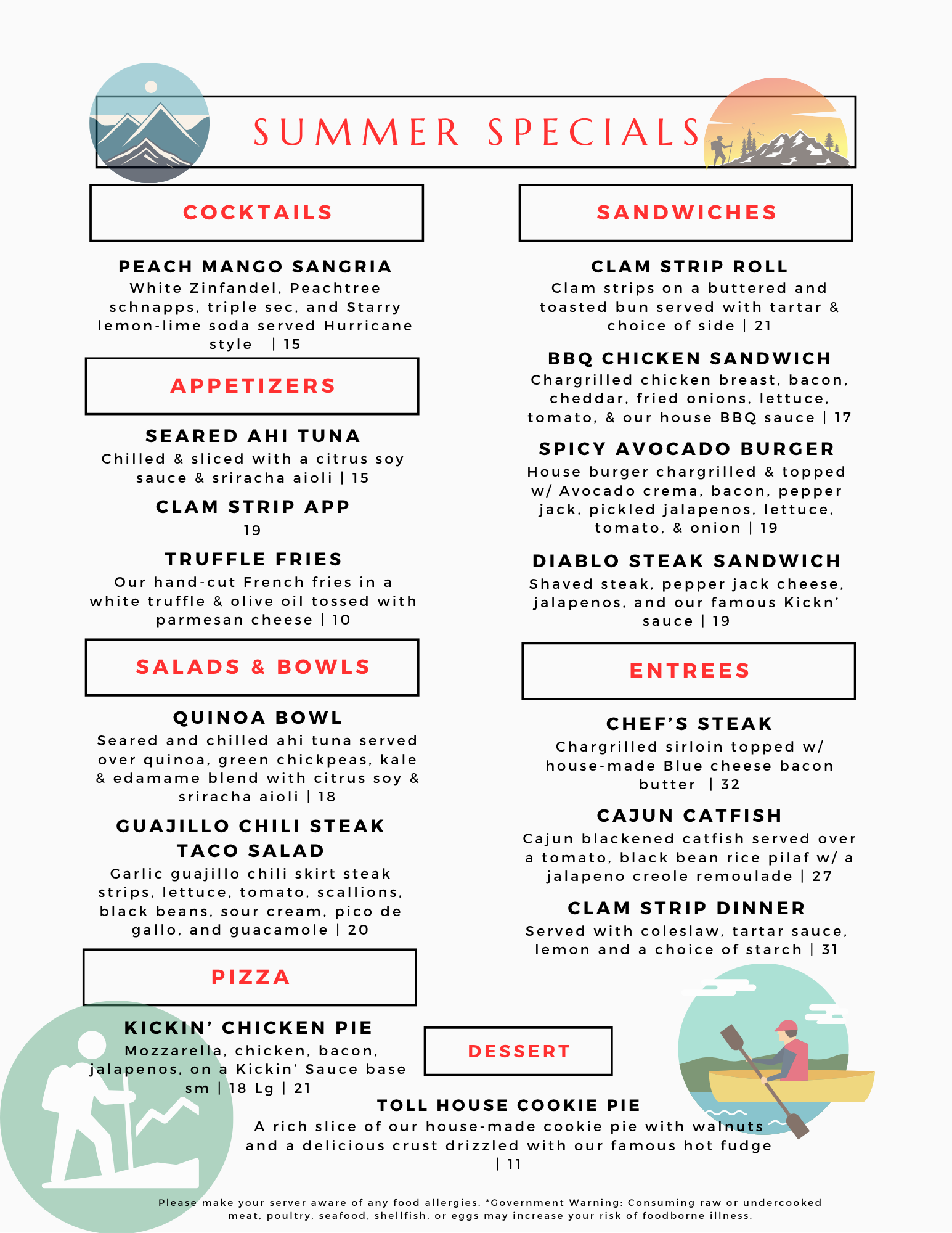 A menu that says sneak peek to summer specials