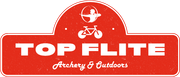 A red sign that says top flite archery and outdoors