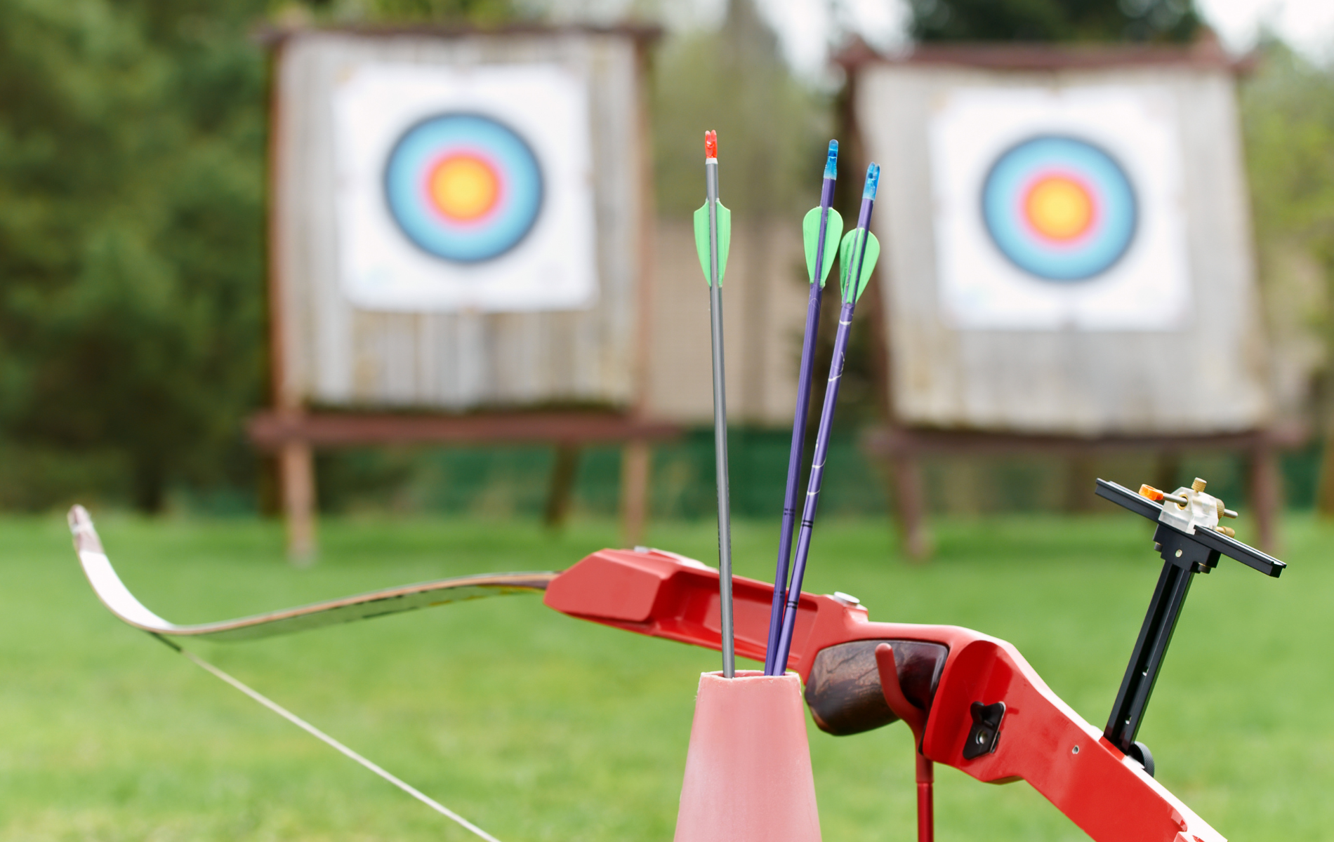 A bow and arrows are sitting in front of a target.