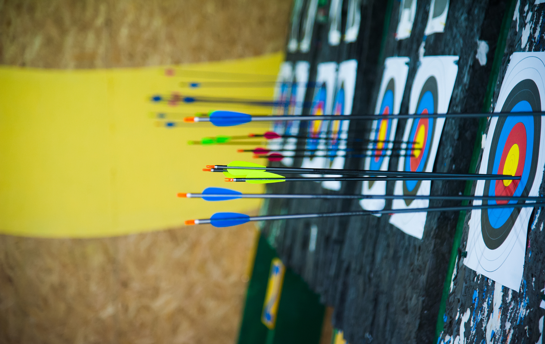 A row of archery arrows are hitting a target.